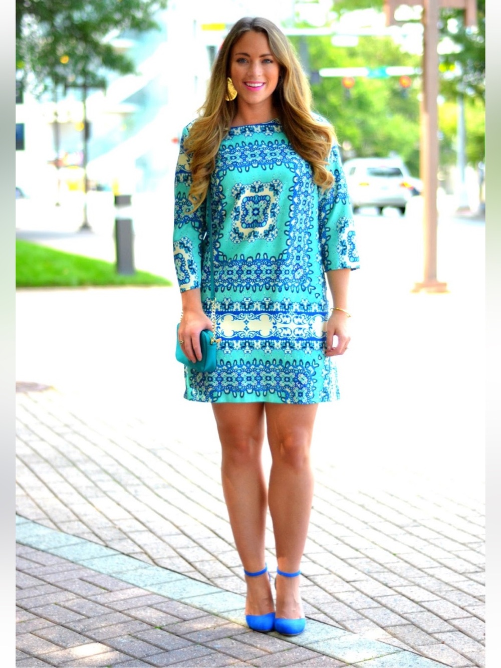 The Limited Turquoise and Blue Printed Shift Dress